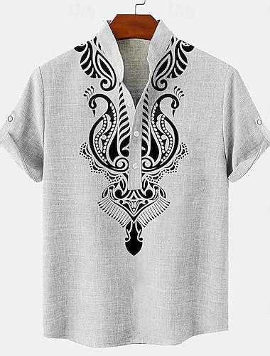  Voor heren linnen overhemd Henley-shirt retro-overhemden Vintage overhemd Etnisch shirt Etnisch Dagelijks Feestdagen blauw Beige Grijs Korte mouw Mandarijn Kraag Zomer Lente Kleding Afdrukken