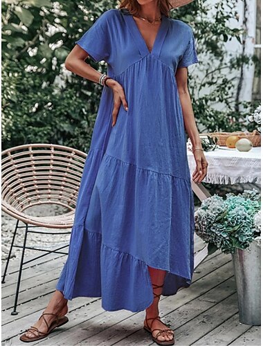  Women's Blue Sky Blue Green Summer Spring Maxi Dress Cotton Linen Dresses Casual Dress Basic Modern Daily Weekend Loose Fit Plain V Neck