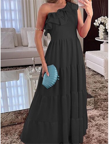  robe noire robe ceremonie Femme Robe Maxi A Volants Mariage Soirée Elégant Grande occasion Une Epaule Sans Manches Standard Noir Rouge S M L XL