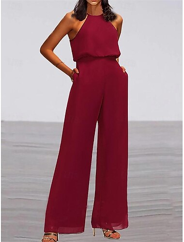  Dames Normaal Jumpsuit Elegant Effen Kleur Mouwloos Strakke ronde hals Zak Hoge taille Kantoor liiketoiminta Normale pasvorm Wijn Zomer