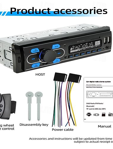  1-Din-DAB-12-V-Autoradio, Bluetooth/FM/USB/SD/AUX-IN, Stereoanlage mit AI-Stimme, bunte Lichter, eingebauter Auto-MP3-Player, D3300