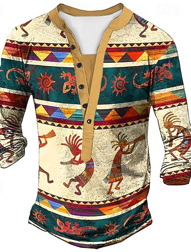  בגדי ריקוד גברים שבטי הדפסים גרפיים חולצת הנלי חולצות גרפיות חולצה וינטג' שרוול ארוך הדפסת תלת מימד בסיסי אתני יום יומי בָּחוּץ חופשה יומי אביב קיץ פול חאקי אפור הנלי חולצת טריקו של הנלי