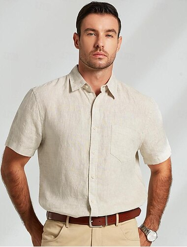  Voor heren Linnen overhemd Normaal shirt khaki Korte mouw Effen Kleur Strijkijzer Buiten Sport & Outdoor Knop Kleding 100% linnen Vakantie Neutrale Dagelijks Sport & Buiten