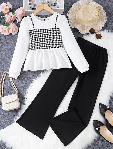  2 قطعتين أطفال للفتيات منقوش بدلة السراويل جلس كم طويل موضة فضفاض 7-13 سنة الخريف أبيض