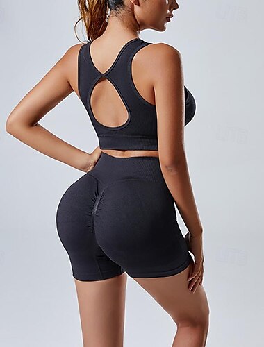  Damen Trainingsanzug Fitness-Kleidungsset Yoga-Set Herbst 2 teilig Grundlegend Feste Farbe Kurze Hose Sport-BHs Trainingsanzug Beige Schwarz Yoga Fitness Fitnesstraining Weich Ärmellos Sport