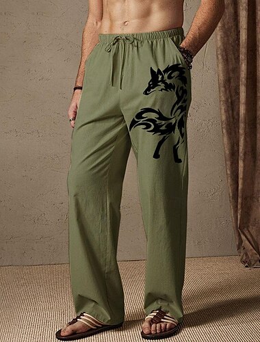  Herren Sommerhosen Elastische Taille Tier Wolf Komfort In voller Länge Outdoor Strassenmode Urlaub Hawaiianisch Schwarz Weiß Mikro-elastisch