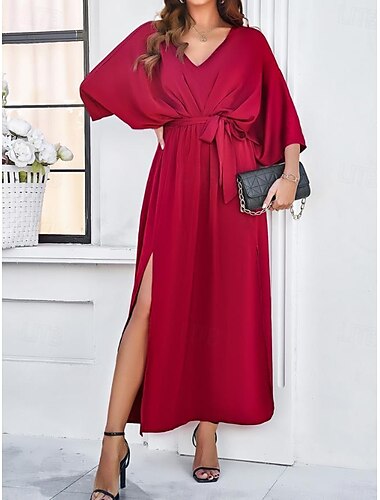  Damen Abgestuftes Kleid Maxidress Gespaltener Oberschenkel Party Ausgefallene V Ausschnitt 3/4 Ärmel Fledermaus Ärmel Schwarz Wein Grün Farbe