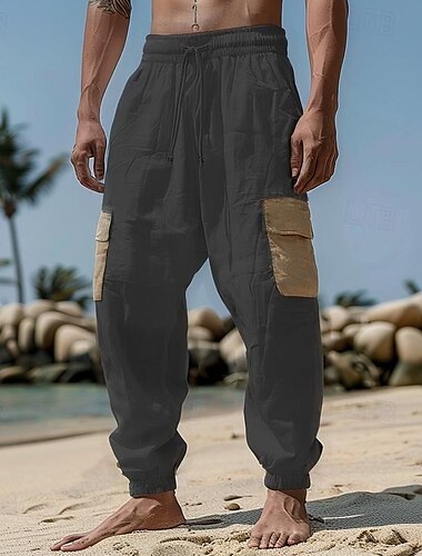  Herren Leinenhose Hose Hosen Sommerhosen Kordelzug Elastische Taille Multi Pocket Glatt Komfort Atmungsaktiv In voller Länge Casual Täglich Festtage Modisch Klassicher Stil Schwarz Weiß