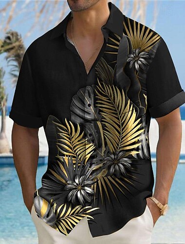  Herr Palmblad Tropiska växter Hawaii skjorta Aloha skjorta Kort ärm Skjorta Nedvikt Hawaiisk Ledigt Tillflykt Ledigt Utomhus Semester Svartgrå Svart Guld S M L