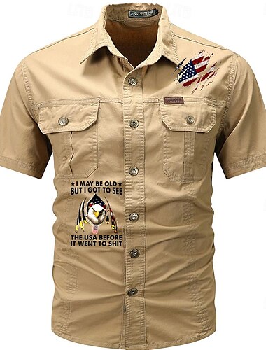  Herren Fahne Amerikanische US-Flagge Mit Buchstaben bedruckt Hemd Westernhemd Cargo-Shirt Kurzarm westlicher Stil Taktisch Modisch lässig Ausgehen Sommer Umlegekragen Knopf Bedruckt Schwarz Armeegrün