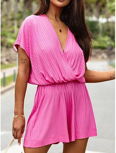  Damen Normal Kurz Jumpsuit Strassenmode Feste Farbe Kurzarm V Ausschnitt Strasse Täglich Regular Fit Schwarz Weiß Fuchsie Sommer