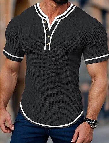  Homens Camisa Waffle Camiseta decote em V Camisa de manga curta T-shirt Côr Sólida Henley Ao ar livre Rua Manga Curta Patchwork Botão Roupa Diário