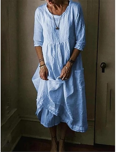  Femmes Noir Bleu Vert Été Printemps Robe Midi Robes inspirées du lin Robe Décontractée Robe en coton et lin Basique Moderne Quotidien Week-end Coupe Ample Uni Col ras du cou