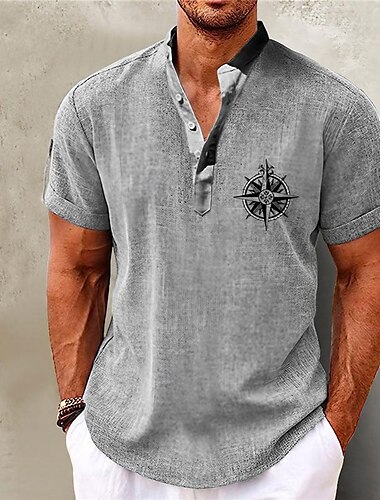  Voor heren Overhemd linnen overhemd Strand hemd Grafische prints Buiten Vakantie Blozend Roze Groen Khaki Grijs Korte mouw Opstaand Zomer Lente Kleding Afdrukken
