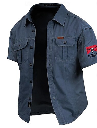  Herren Kuh-Druck Cowboy Hemd Westernhemd Cargo-Shirt Kurzarm Brautkleider schlicht Taktisch Sport & Natur Ausgehen Sommer Frühling Umlegekragen Bedruckt Armeegrün Khaki Dunkelblau