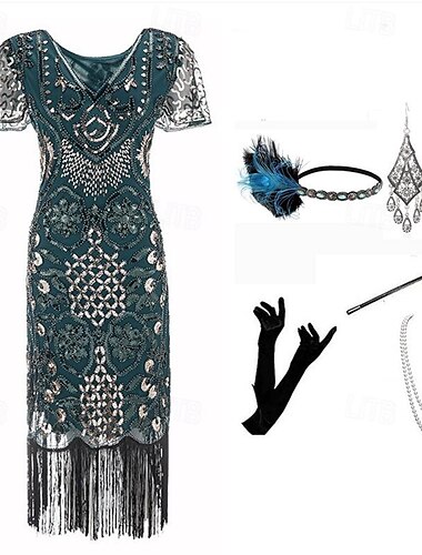  Retro / vintage Möly 20s 1920-luku Mekko Asut Coctail-asu Suuri Gatsby Häävieras Paljetti Tupsu Naisten Joulu Karnevaali Naamiaiset Juhlat Naamiaiset Häävastaanotto Aikuisten Leninki Käsineet
