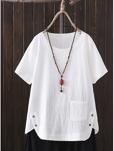  Dames Grote maten Katoenen linnen overhemden T-shirt Imitatie katoenlinnen Zak Effen Dagelijks Casual Korte mouw Strakke ronde hals Normale tops Dagelijks Wit Lente Alle seizoenen