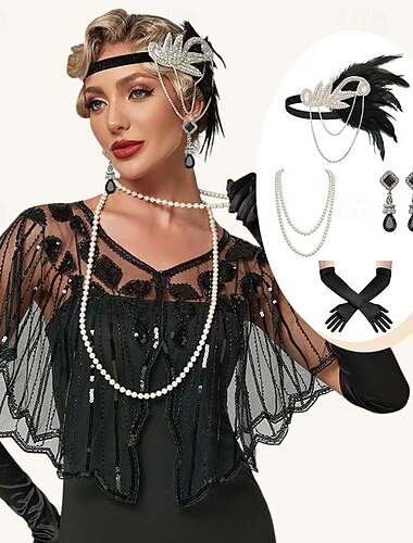  Retro vintage Roaring jaren '20 Jaren 1920 Jaren '20 flapper hoofdband Accessoireset Omslagdoeken The Great Gatsby Flapper Girl Charleston Pailletten Dames Halloween Carnaval Maskerade Cocktailparty