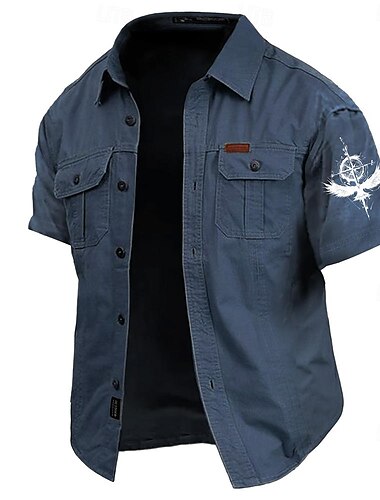  Herren Nautisch Adler Kompass Hemd Westernhemd Cargo-Shirt Kurzarm Brautkleider schlicht Taktisch Sport & Natur Ausgehen Sommer Frühling Umlegekragen Bedruckt Armeegrün Khaki Dunkelblau