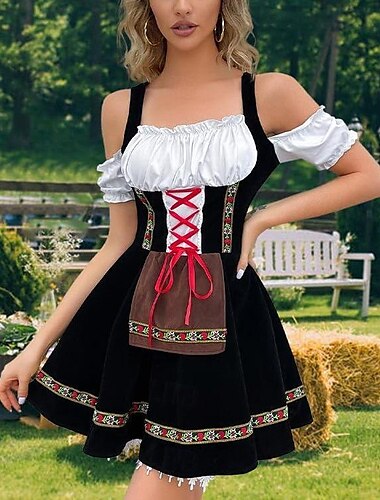  Vrouwen Carnaval Oktoberfest Dirndl Bier Kostuum met Shirt en Schort Beierse Wiesn Traditionele Stijl