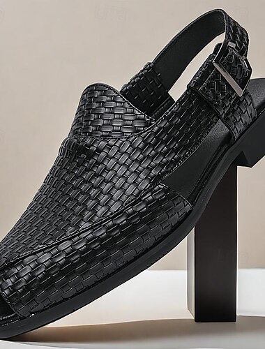  sandales en cuir tressé noir pour hommes - chaussures à bride arrière élégantes à bout ouvert avec sangle à boucle