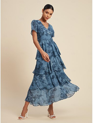  femme robe d'invité de mariage robe à fleurs robe d'été robe longue robe longue bleu manches courtes fleur fleurs fleur / plantes col en V taille élastique impression printemps &amp; mariage d'été à