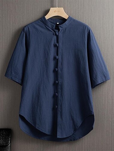  Herren Hemd leinenhemd Hemd mit chinesischem Kragen Hemd mit Stehkragen Freizeithemd Knopfhemd Einfach Urlaub Straße Schwarz Weiß Wein Marineblau Kurzarm Stehkragen Sommer Bekleidung Button-Down
