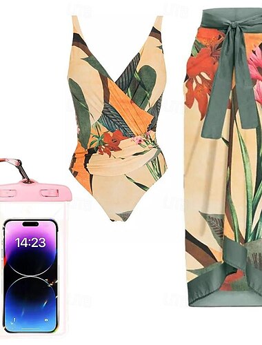  2-teiliges Bademoden-Überzug, Badeanzüge im Retro-Vintage-Stil der 1980er Jahre, Damen, Blumenmuster, Polyester, grüner Rock, einteiliger Badeanzug mit wasserdichter Handytasche