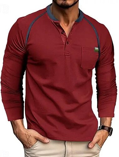  Pánské Tričko Henley Tričko Top Barevné bloky Výstřih ke krku Venkovní Ležérní Dlouhý rukáv Tlačítko Přední kapsa Oblečení Módní Designové Pohodlné