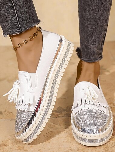  mocassins plataforma femininos com borla plana, bico redondo, clássico ao ar livre, diário, preto, branco, marrom