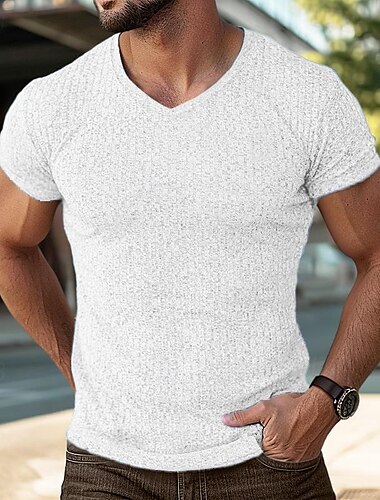  Herren Farbblock-T-Shirt Kurzarmshirt Geripptes Strick-T-Shirt T-Shirt Kurzarm V Ausschnitt Sommer Frühling & Sommer Einfarbig Grubenstreifen Sport Täglich V-Ausschnitt Outdoor Lässig Schwarz Wei