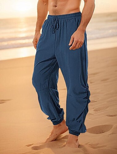  Homens Calças de linho Calças Calça verão Pregas Tecido Conforto Respirável Comprimento total Casual Diário Feriado Moda Básico Branco Azul