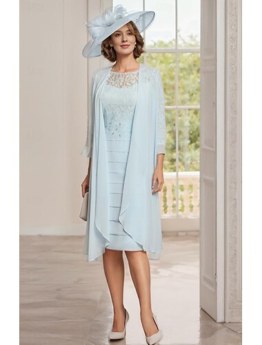  Strand Bruiloft Twee delige Sheath Moeder van de Bruid Jurk Elegante Juweel Hals Knie Lengte Chiffon Kant 3/4 Lengte Mouw Jas Jurken met Kant Ruches 2025 gratis maat op maat