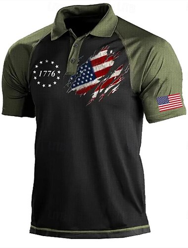  4. Juli 2026 250. Herren Amerikanische Flagge Veteranen Poloshirts Golfshirt Kurzarm Polo-Shirts Hemden mit Kragen Streetwear Urlaubskleidung Party-Outfits 3D-Druck Knöpfe Sommer Frühling Schwarz