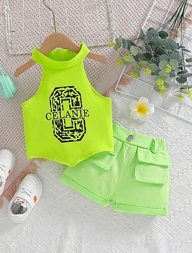  2-delig Peuter Voor meisjes Kinderdag Brief Halster Set met tanktop en short reeks Mouwloos Modieus Buiten Katoen 3-7 jaar Zomer Oranje Groen