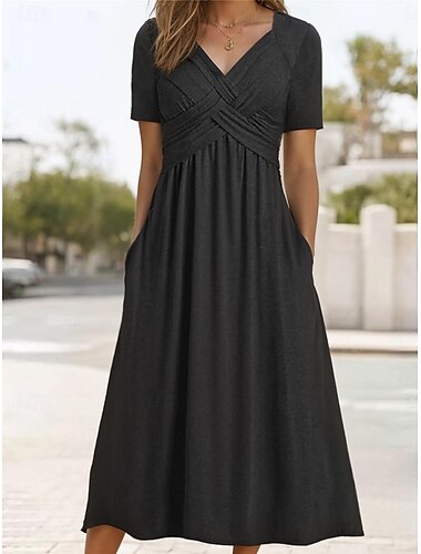  robe décontractée pour femme robe midi poche vacances streetwear basique col en V manches courtes couleur noir gris