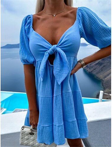  Mujer Vestido informal Mini vestido Lazo Vacaciones Ropa de calle Básico Escote Cuadrado Media Manga Azul Piscina Fucsia Albaricoque Color