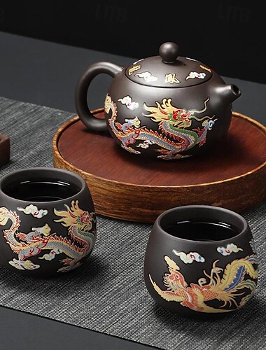  Farbwechselndes Teekannenset mit Drachenmotiv &Phoenix Zisha chinesisches Loong-Geschenk – hitzeempfindliches Kung-Fu-Teeservice mit Teekanne und Tassen, Geschäftsgeschenk