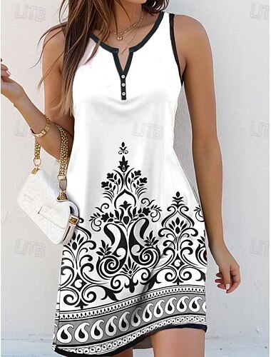 Dámské mini šaty petite šaty tričkové šaty tee šaty sundress A-line šaty vintage etnické dovolená casual pláž volný fit geometrické bez rukávů vykrojený krk bílá léto