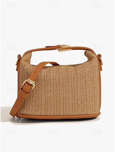  Damen Handtasche Schultertasche Box Tasche Strohsack Stroh Festtage Strand Reise Schnalle Kette Leichtgewichtig Multi-Carry Feste Farbe Braun Beige