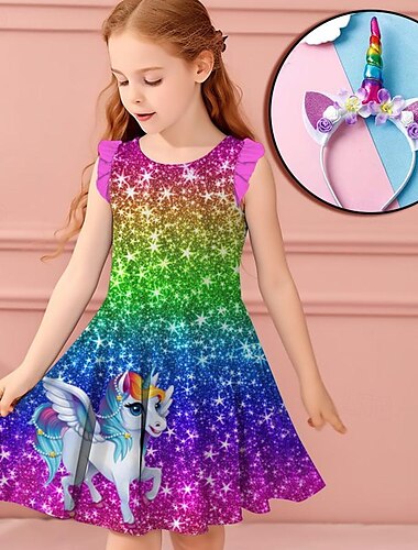  Mädchen-Rüschenkleid mit 3D-Regenbogen-Einhorn, ärmellos, 3D-Druck, Sommer, Alltag, Urlaub, Kinder, 3–12 Jahre, Freizeitkleid, Trägerkleid über dem Knie, Polyester, normale Passform, mit süßen