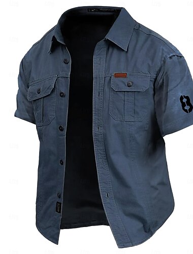  Herren Mit Buchstaben bedruckt Hemd Westernhemd Cargo-Shirt Kurzarm Brautkleider schlicht Taktisch Sport & Natur Ausgehen Sommer Frühling Umlegekragen Bedruckt Armeegrün Khaki Dunkelblau