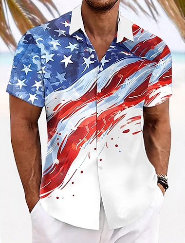  Amerikanska självständighetsdagen Herr Amerikanska / USA Amerikanska flaggan Landsflagga Knapp upp skjorta Kortärmad Resort stil Utomhus Ledigt Helgdag Sommar Nedvikt Knappar Ficka Vit Blå