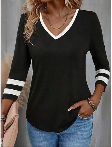  Γυναικείο T-Shirt V Neck Μακρύ Μανίκι Τουνίκ Ριγέ Μόδα 3/4 Μήκος Μανίκι Κανονικά Tops Καθημερινή Εκτύπωση Μαύρο Άνοιξη  Φθινόπωρο