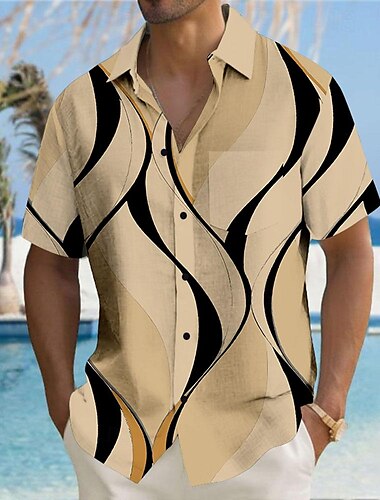  Men's Geometric Lines / Waves Geometric Pattern Button Up Shirt Printed Shirts Short Sleeve Hawaiian Resort Causal Casual Daily Summer Turndown Print Button-Down Black White Blue Khaki