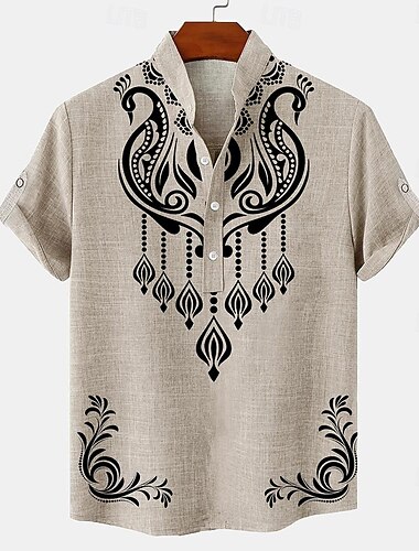  Voor heren linnen overhemd Henley-shirt retro-overhemden Vintage overhemd Etnisch shirt Etnisch Dagelijks Feestdagen blauw Beige Grijs Korte mouw Mandarijn Kraag Zomer Lente Kleding Afdrukken