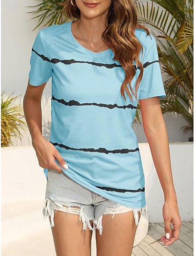  Damen T-Shirt Casual Print Kurzarm Normal Oberteile V-Ausschnitt Alltag Schwarz Rosa Blau Sommer