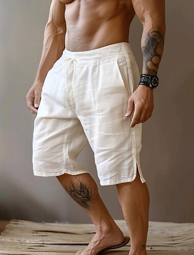  Herren Shorts Kurze Hosen Leinenshorts Kurze Hosen Sommer-Shorts Gespleisst Vordertasche Gerade geschnitten Glatt Komfort Atmungsaktiv Knielänge Party Outdoor Casual Modisch Basic Schwarz Weiß