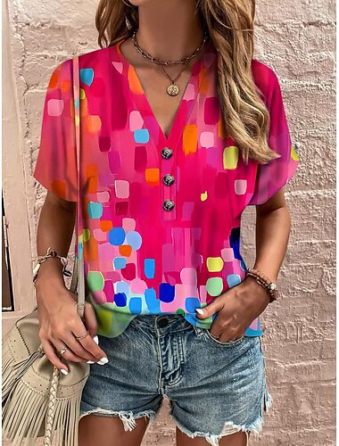  Frauen Tunika T-Shirt Grafik Vintage Kurzarm V-Ausschnitt Reguläre Oberteile Alltag Druck Pink Blau Grün Sommer