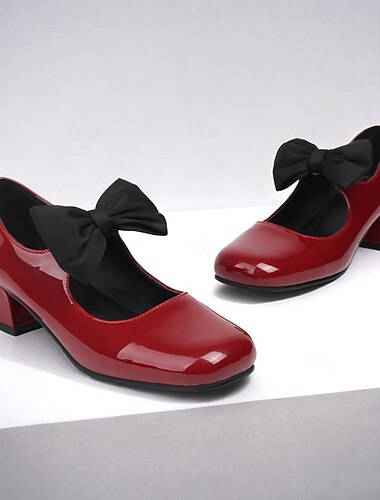  Sapatos Mary Jane vermelhos femininos com laço preto - salto bloco de couro envernizado para uso em escritório e festa